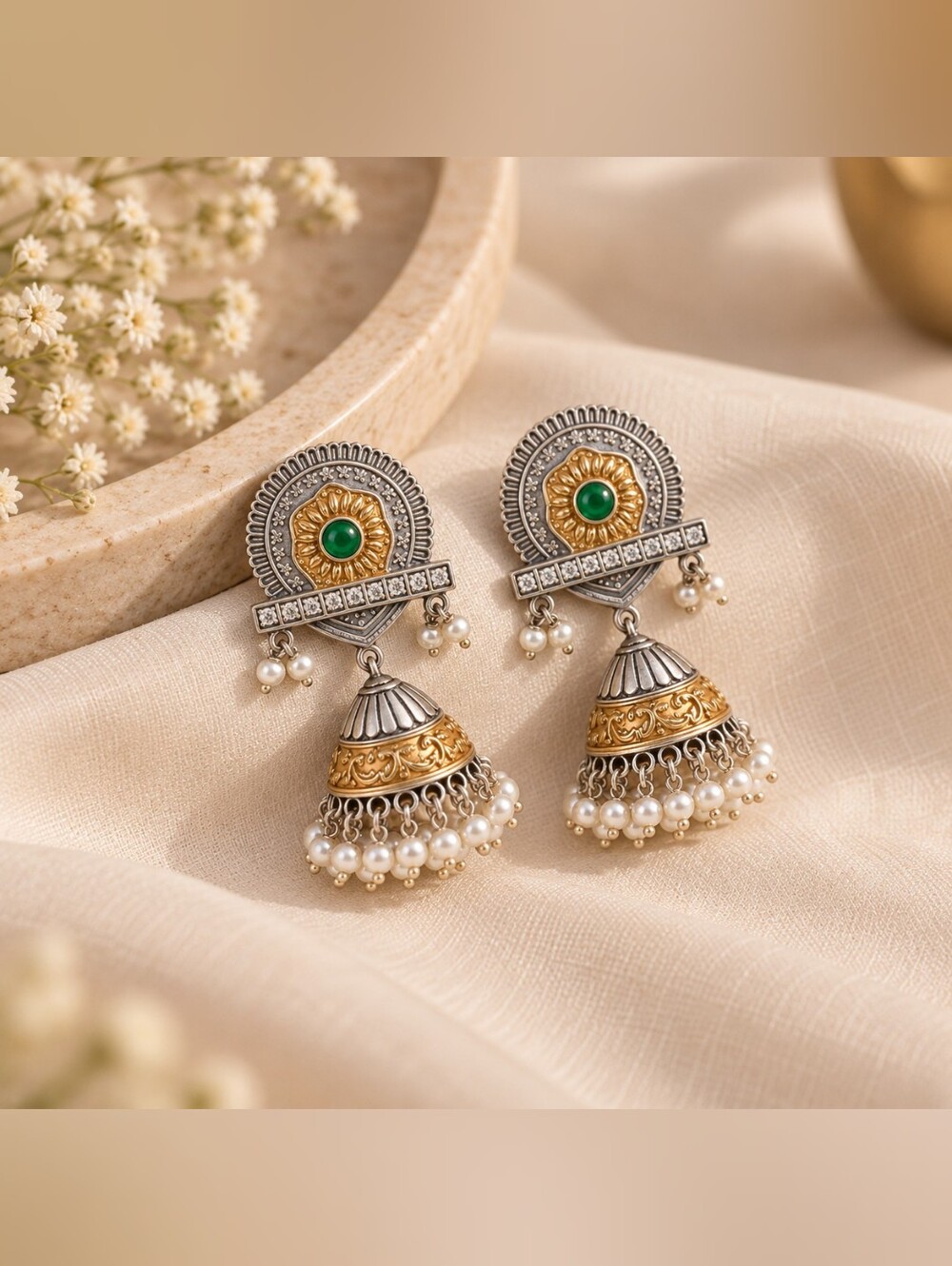 Green Stone Dual Tone Oxidized Jhumka Earrings | Pearl Indian Ethnic Earrings